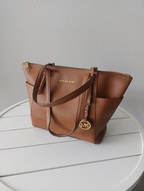 "Michael Kors" Tan Leather Tote with Gold MK Charm